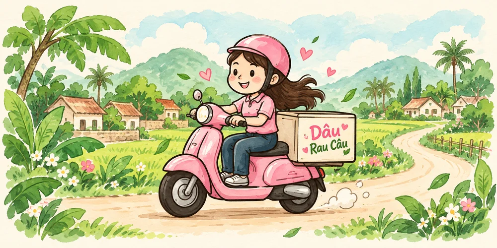Cô gái lái xe máy hồng giao rau câu nhà Dâu